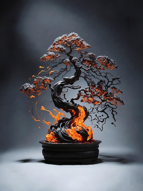 Photo a bonsai tree with flames on it