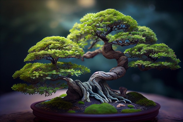 A bonsai tree with a green background.