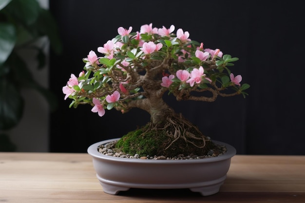 A bonsai tree with pink flowers in a pot