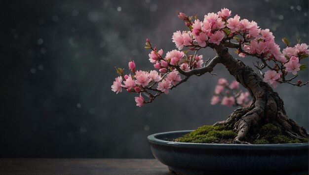 A bonsai tree with pink flowers