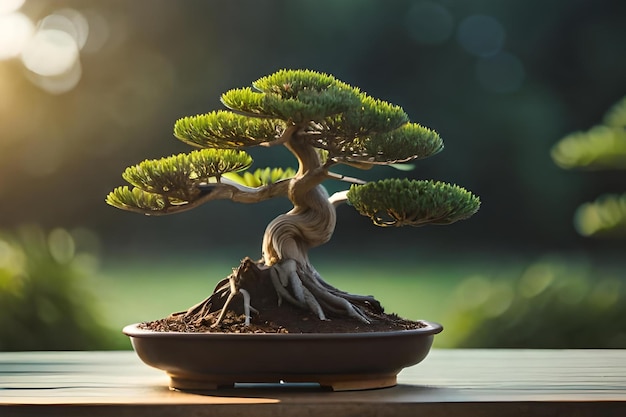 Bonsai tree with a potted plant on a table