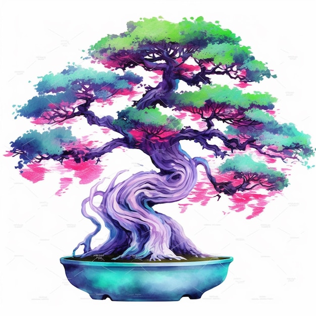 A bonsai tree with purple leaves and green leaves in a blue pot generative ai