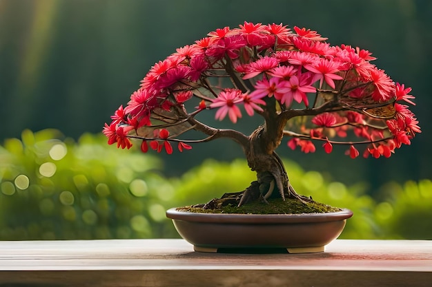 背景に赤い花を持つ盆栽の木。