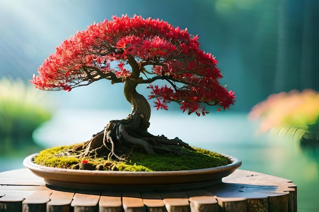 Bonsai tree with red flowers in a pot