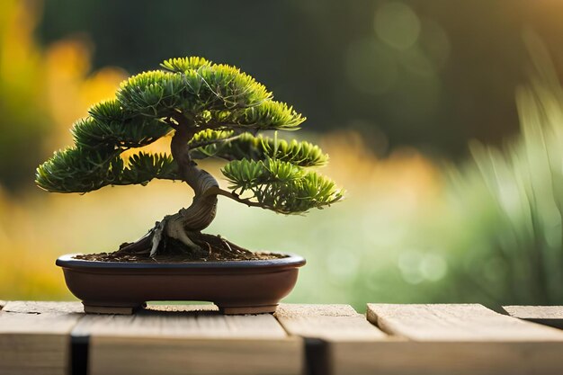 Bonsai tree on a wooden table with a blurred background