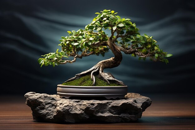 A bonsai tree on a wooden table