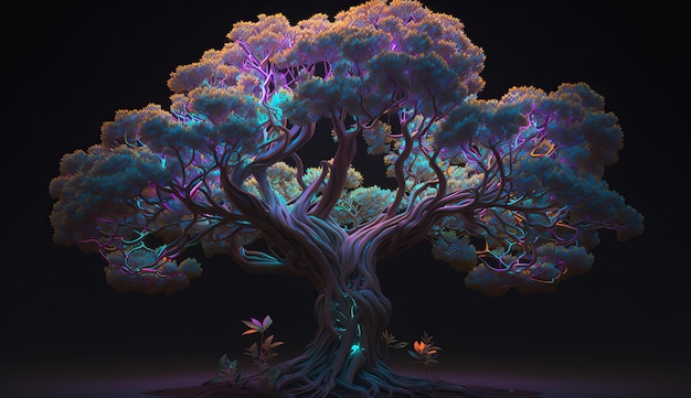 Бонсай с разноцветной неоновой подсветкой ветвей и листьев уникальной формы ai генерации