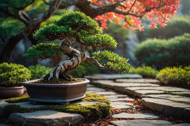 Foto bonsai con un sentiero di pietra che conduce ad esso