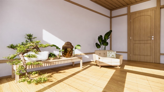 Bonsaiboom op kabinet houten op muurruimte zen stijl en decoraion houten ontwerp, aardetoon.