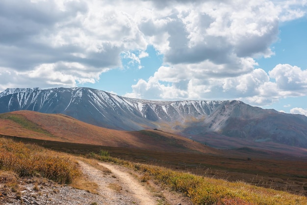 Bont herfstlandschap met wandelpad op zonovergoten hoogplateau richting besneeuwde bergketen onder bewolkte hemel Levendige herfstkleuren in bergen Zonlicht en schaduwen van wolken bij veranderlijk weer