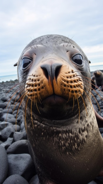 Bont zeehond raakt camera aan om selfie te maken Grappige selfie portret van dier