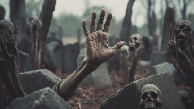 Bony hands reaching out of the ground in a cemetery