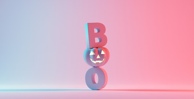 Boo! happy halloween day, smiling pumpkin character on orange background