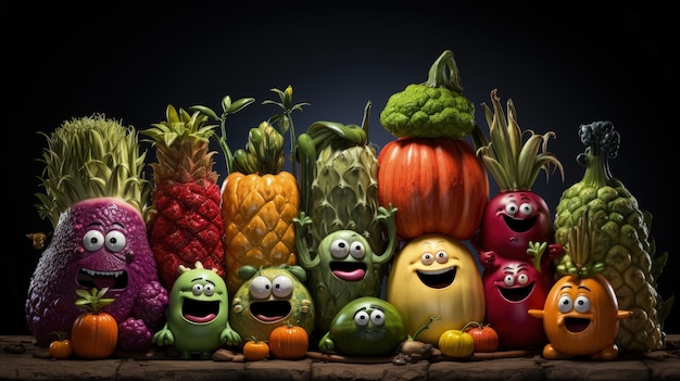 Boodschappen, groenten en fruit karakters in Pixar cartoon-stijl dieetvoeding, vers uit het veld, grappige schattige dieren