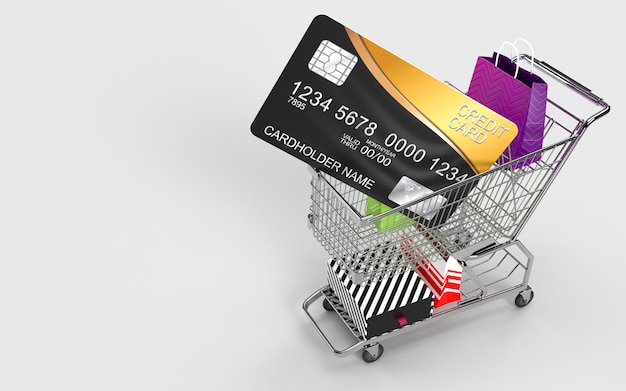 Foto boodschappentassen, winkelwagen en de creditcard is een online winkel op internet digitale markt voor uitchecken door de consument.