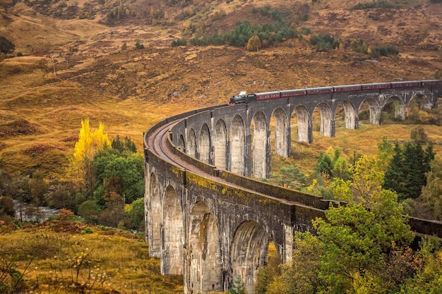 Foto boogbrug over de rivier in de herfst