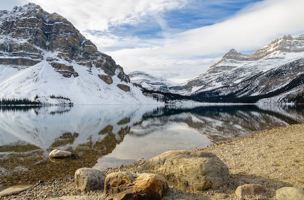 Boogmeer met rotsachtige bergbezinning in het nationale park van banff, alberta, canada