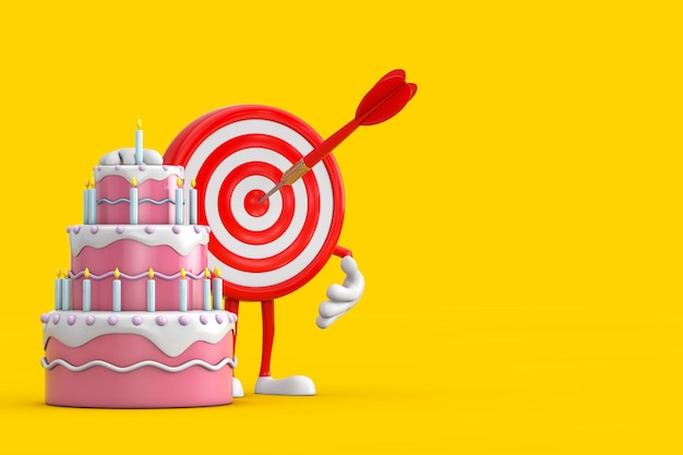 Boogschieten Target en Dart in Center Cartoon Person Character Mascot met verjaardag Cartoon Dessert Tiered Cake en kaarsen 3D-rendering