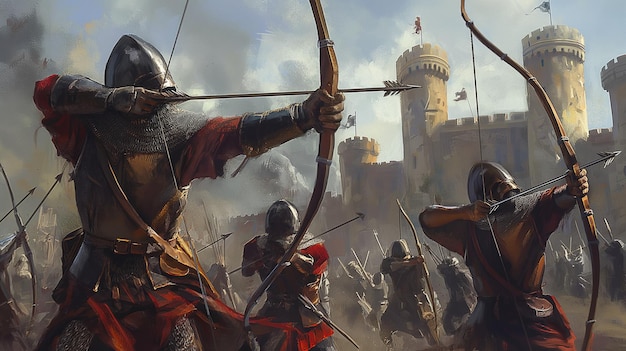 Boogschutters loslaten een volley op de vijand in de middeleeuwse oorlogvoering Pijlen verduisteren de lucht