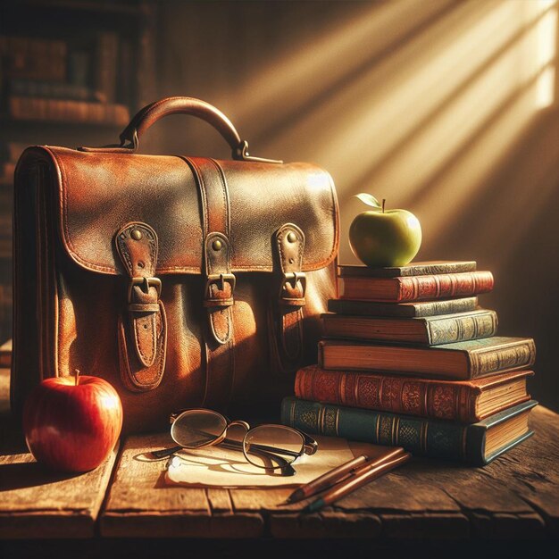 a book bag with books and an apple on top of it