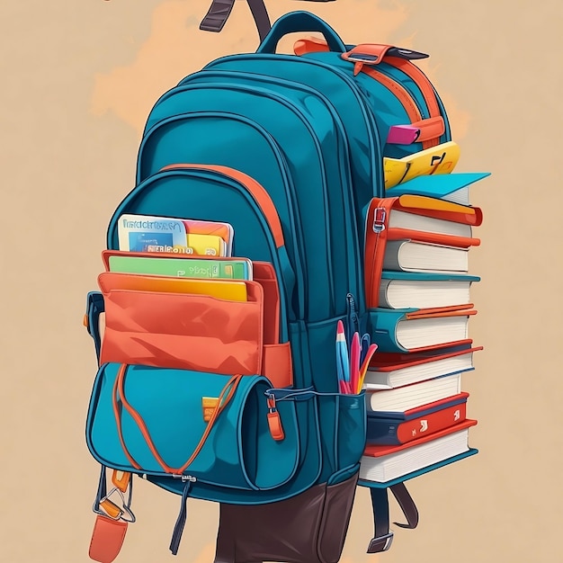A book bag with books and traveling suitcase and travel accessories