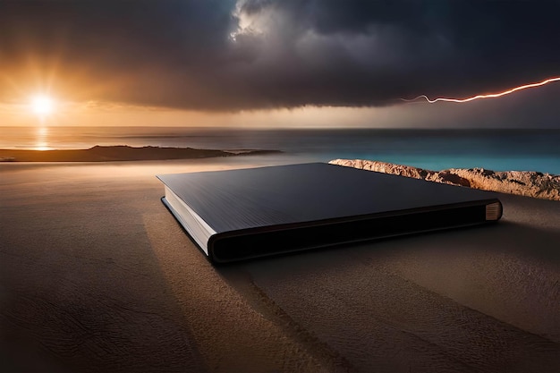 A book on a beach with a stormy sky in the background