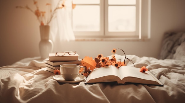 A book on a bed with a cup of coffee and a book on it