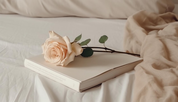 A book on a bed with a rose on it