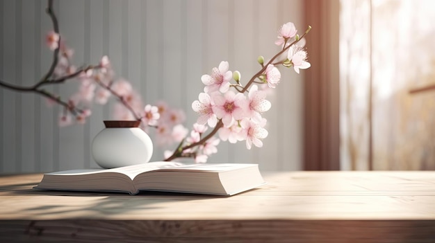 A book and a book on a table with a branch of cherry blossoms on it.