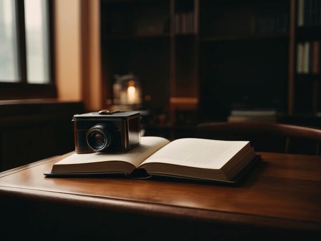 a book and a camera on a table in a room with a window