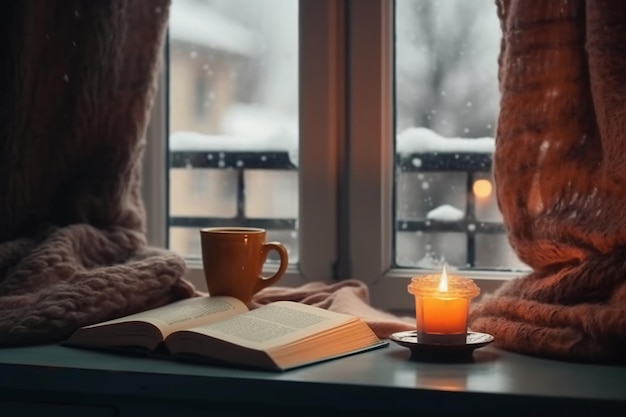 A book and a candle on a table with a blanket and a book on it.