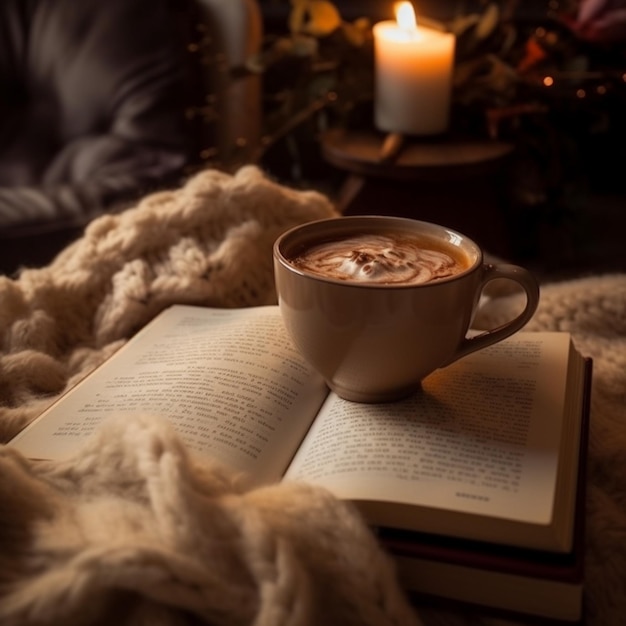 A book and a candle on a table