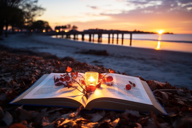 book and candles on the beach