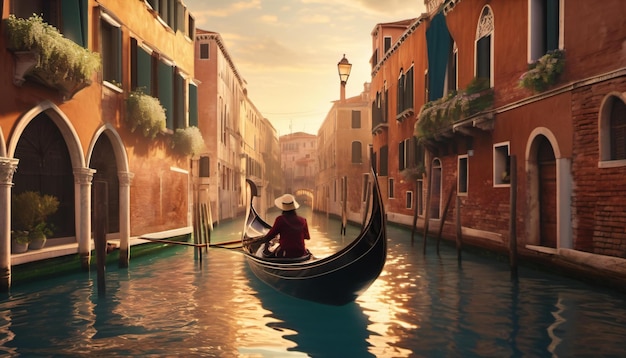 A book character riding a magical gondola through the canals of a Veniceinspired city