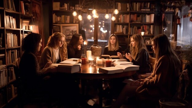 A book club meeting at a coffee shop