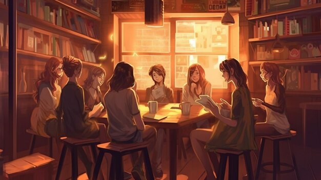 A book club meeting at a coffee shop