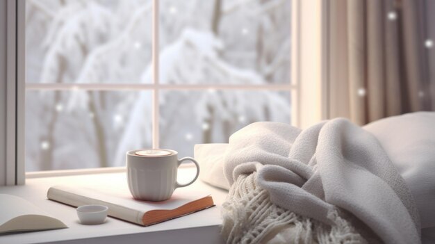 A book coffee cup and blanket on a window sill ai