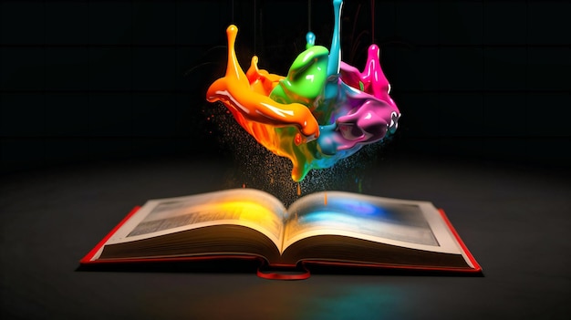 カラフルな電球の水しぶきの上の本は、新しいアイデアや創造的な解決策につながる読書から来る照明とインスピレーションを表しています
