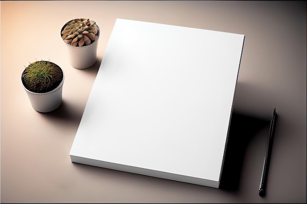 Book cover blank white vertical design template on a table room interior