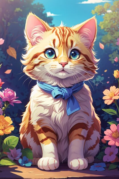 Book cover illustration of a cute cat kitten with colorful background anime style