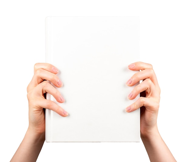 Book cover mockup in hand Holding hardcover mock up isolated on white background