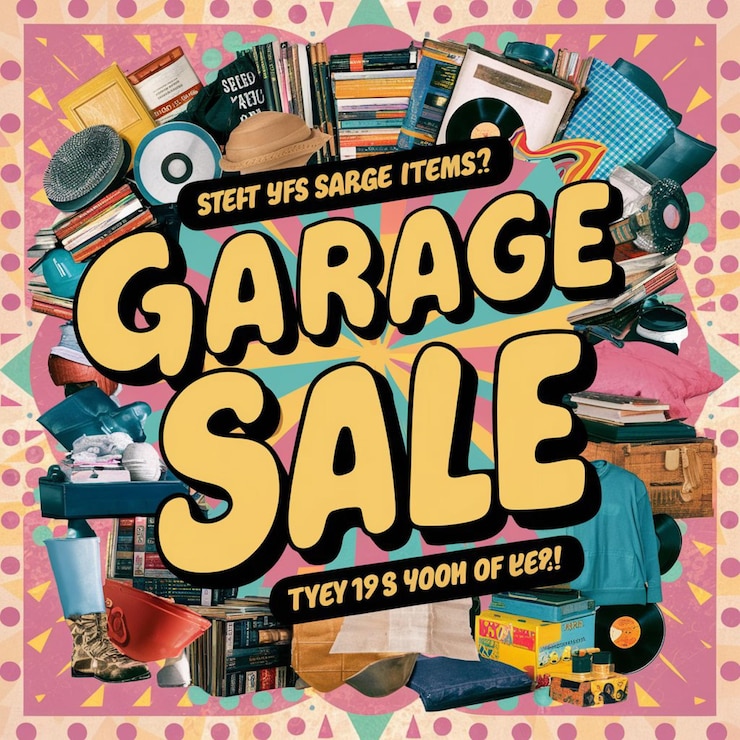 Photo a book cover that says quot garage sale quot is on the top of a pink polka dot background