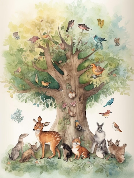 A book cover with a picture of a tree with animals and birds.