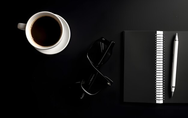 Photo a book and a cup of coffee on a black table.