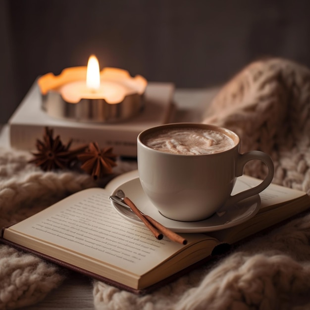 A book and a cup of coffee on a book with a candle in the background.