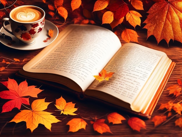 A book and a cup of coffee on a table with autumn leaves