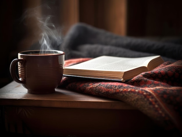 Photo a book and a cup of coffee on a table with a blanket.