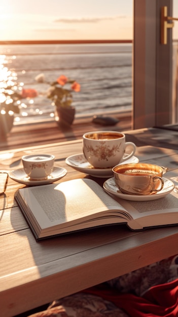 本が置かれたテーブルの上に本とコーヒーが置かれている