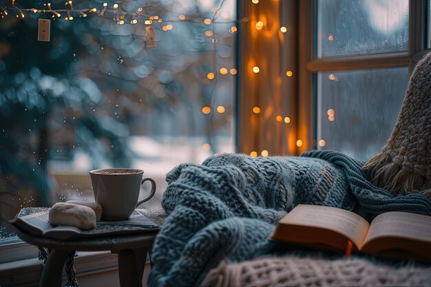 A book and a cup of coffee on a window sill