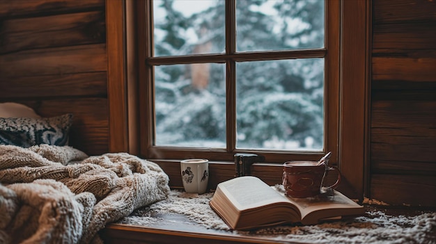 Book and cup on window sill